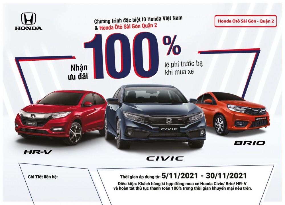 Hỗ trợ 100% lệ phí trước bạ cho khách hàng mua xe Honda Civic, HR-V và Brio trong tháng 11